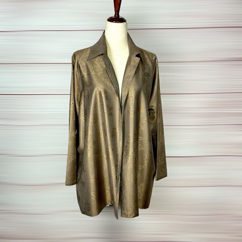 Shamask Open Front Cardigan Wool Silk Jacquard Relaxed Fit Taupe Gold Event L